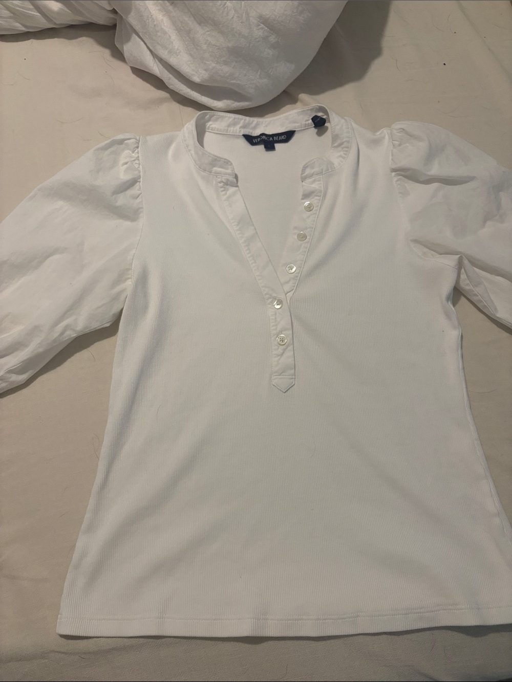 Veronica Beard White Henley Puff-Sleeve Top